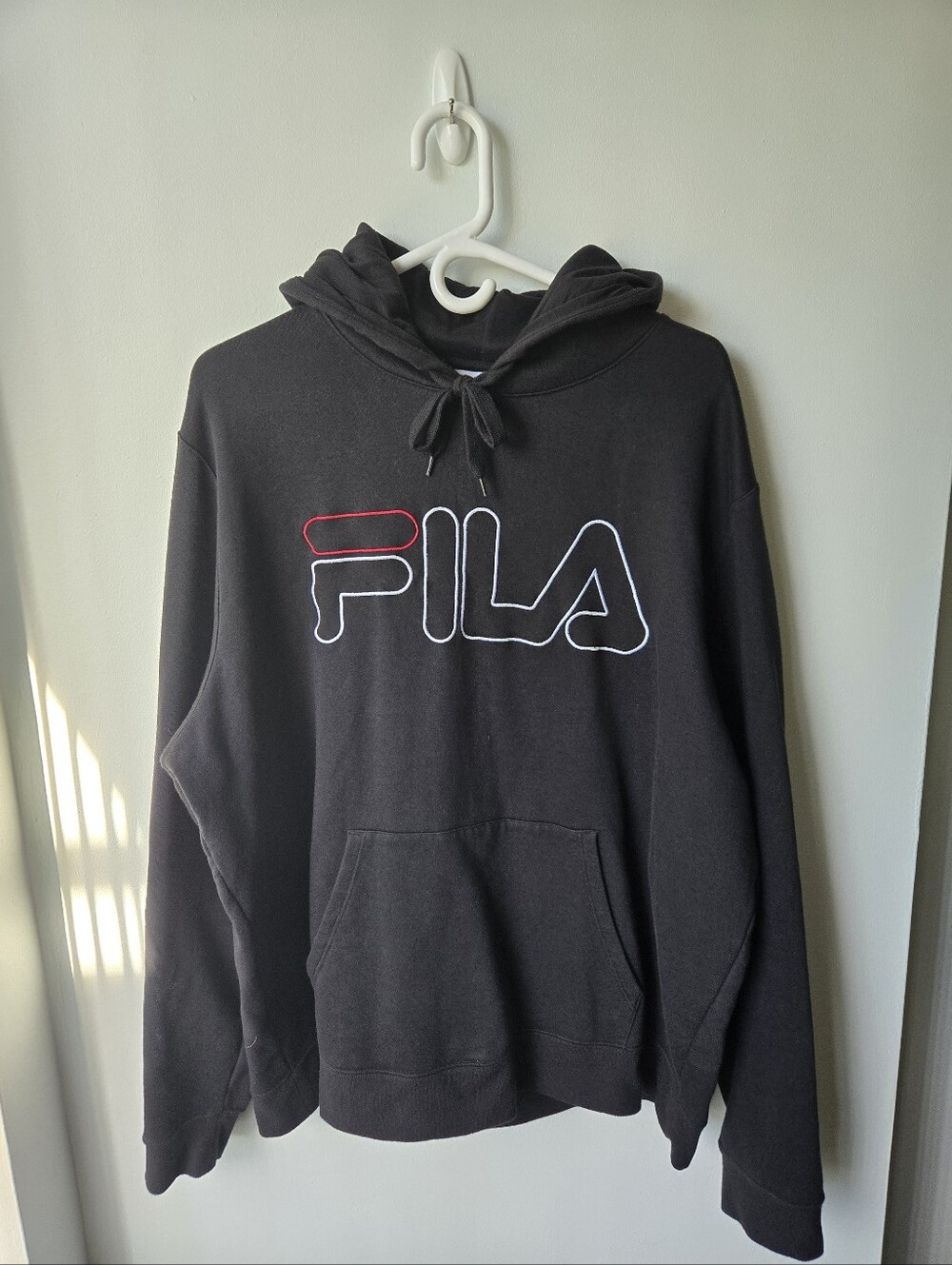 FILA Black Hoodie Mens XXL Embroidered Outline Logo Cotton Blend Baggy Excellent